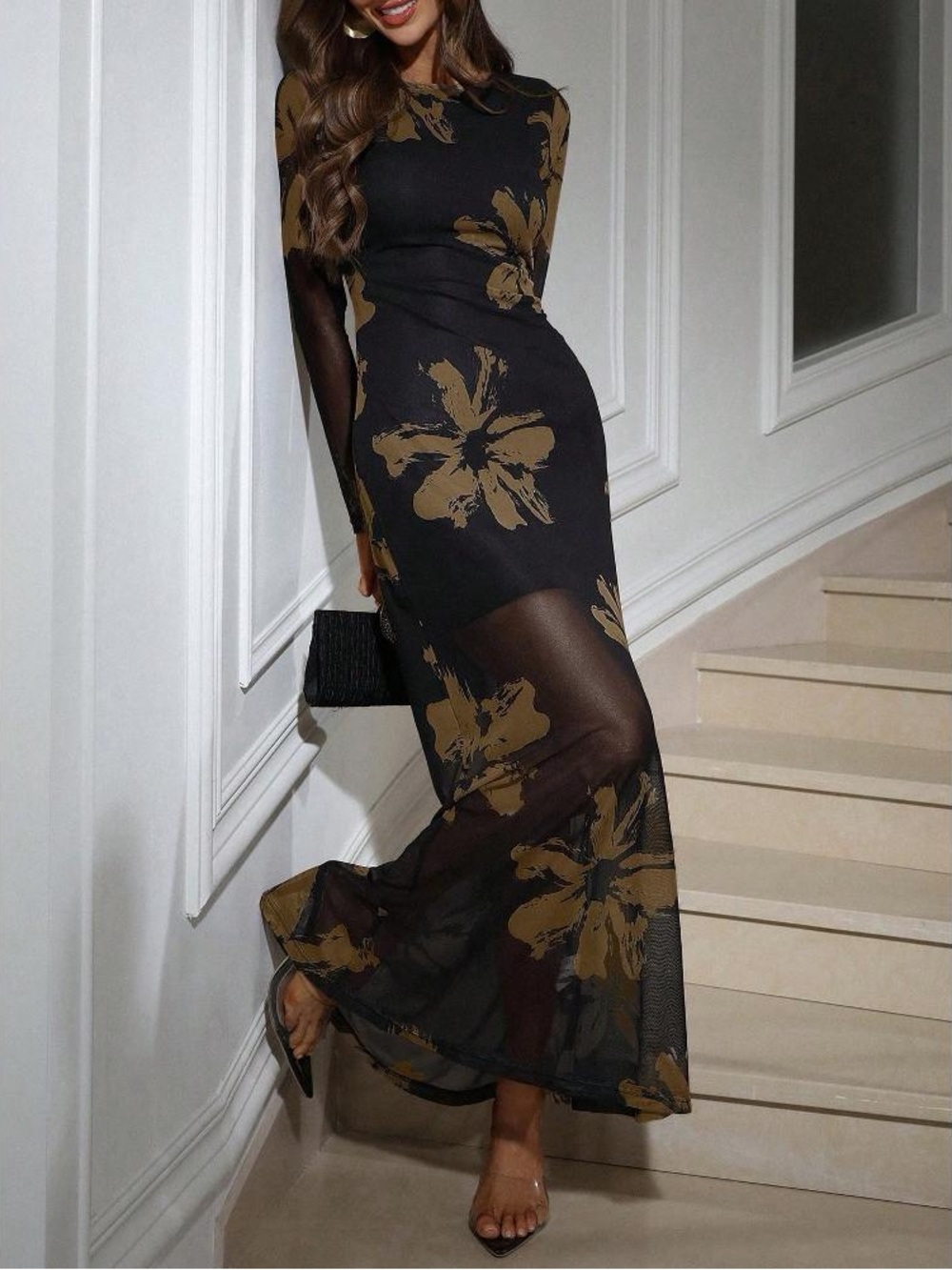 Black Floral Mesh Maxi Dress NWOT - Small